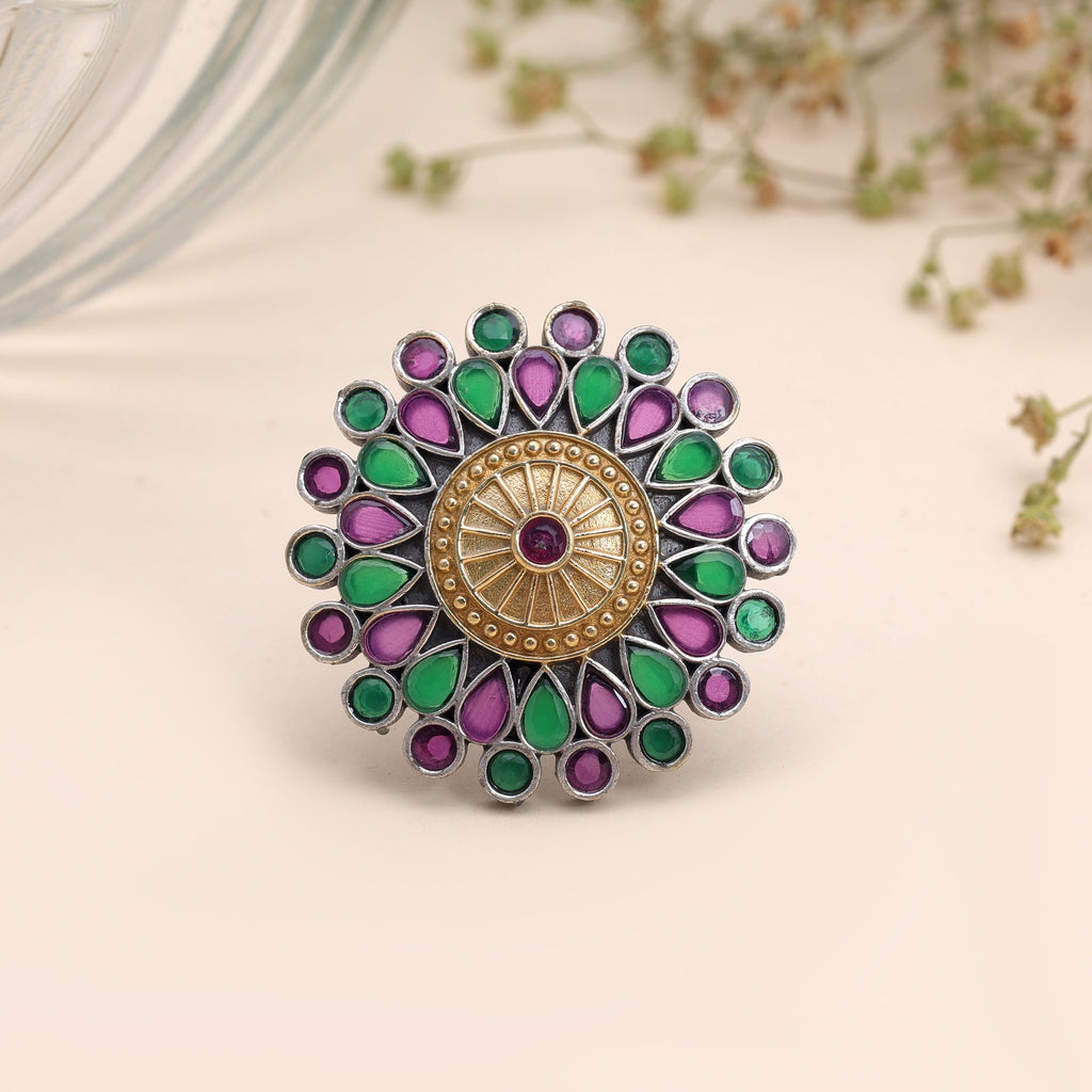 Purple & Green Color Dual Tone Oxidised Rings Ethnic Design