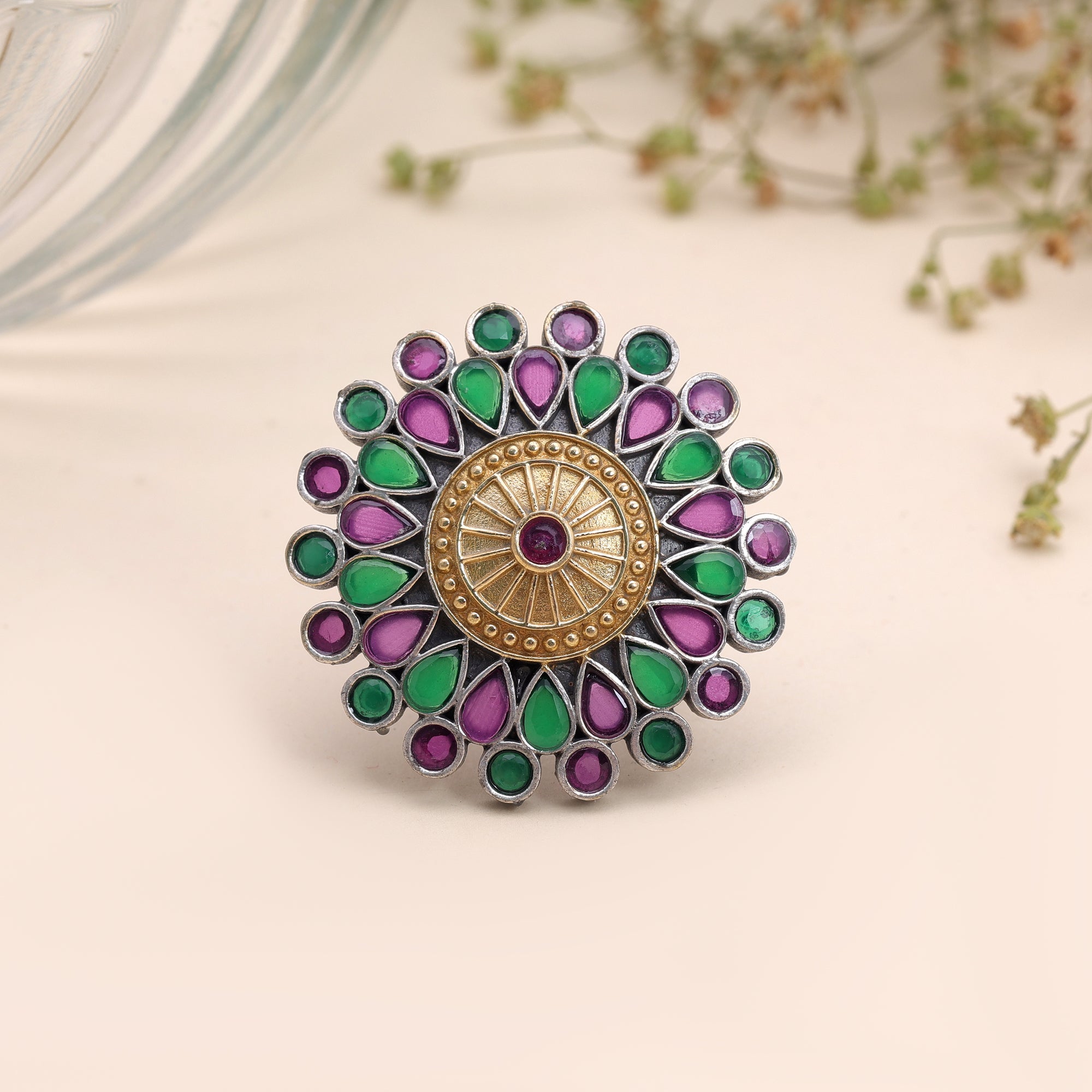 Purple & Green Color Dual Tone Oxidised Rings Ethnic Design