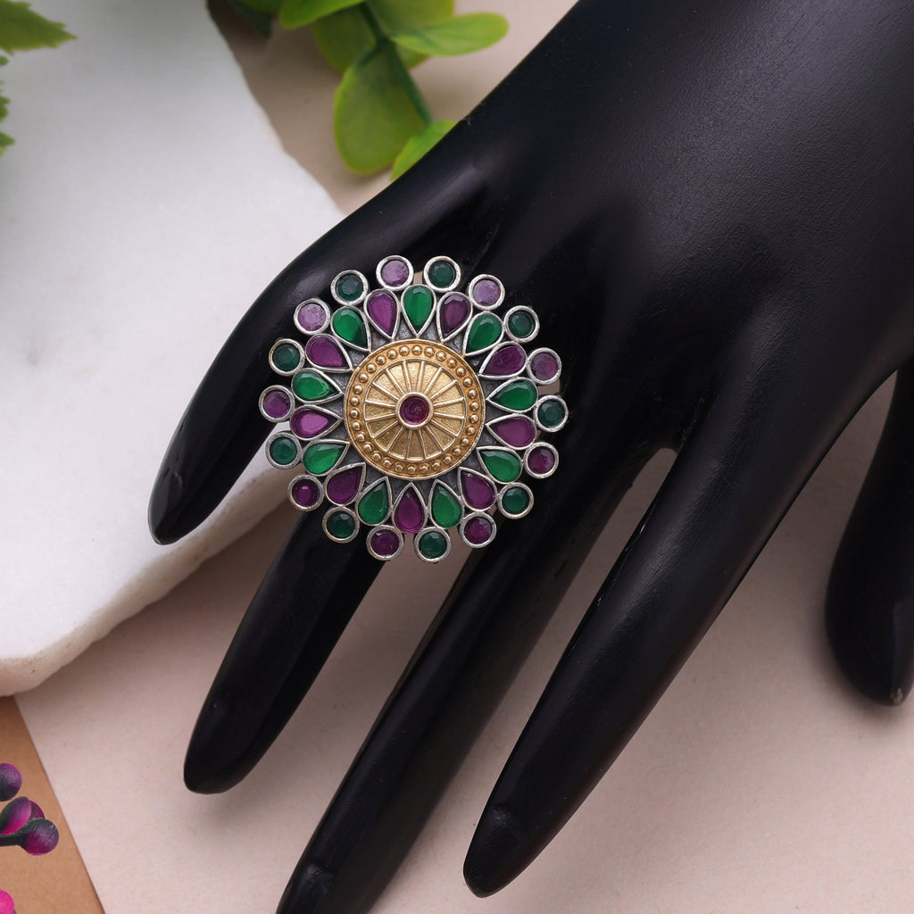 Purple & Green Color Dual Tone Oxidised Rings Ethnic Design