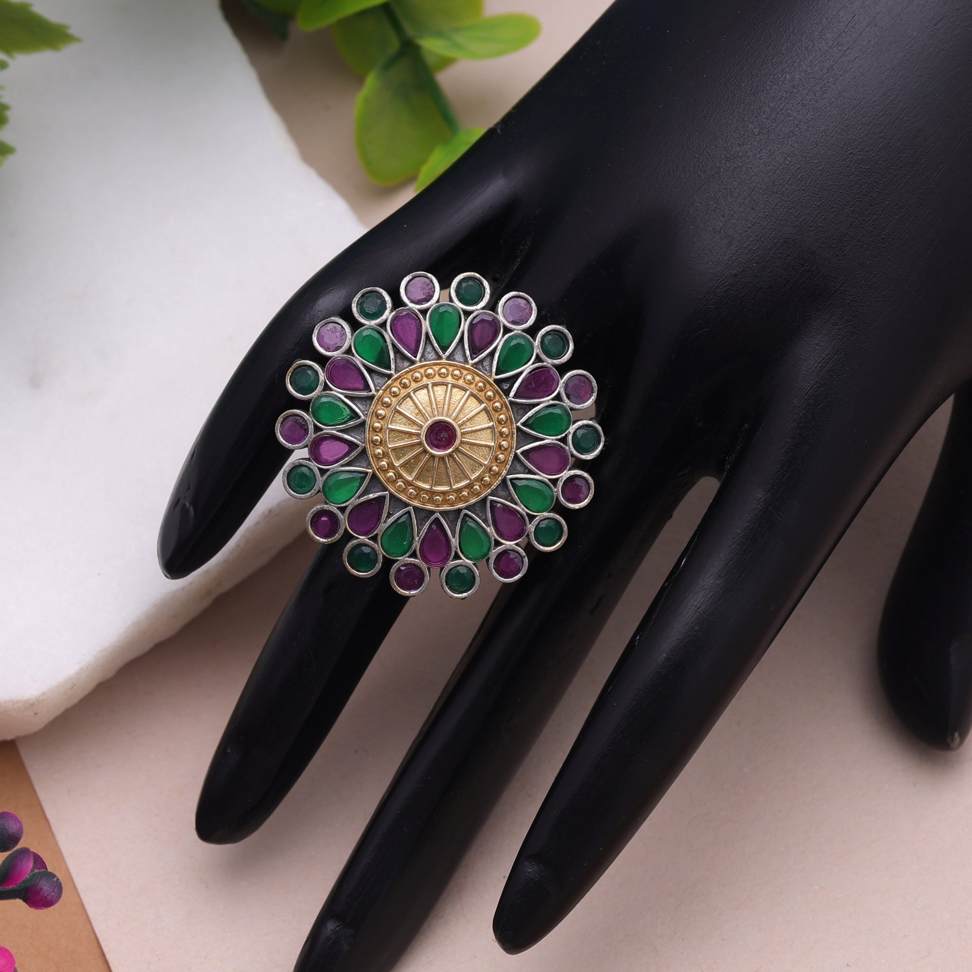 Purple & Green Color Dual Tone Oxidised Rings Ethnic Design