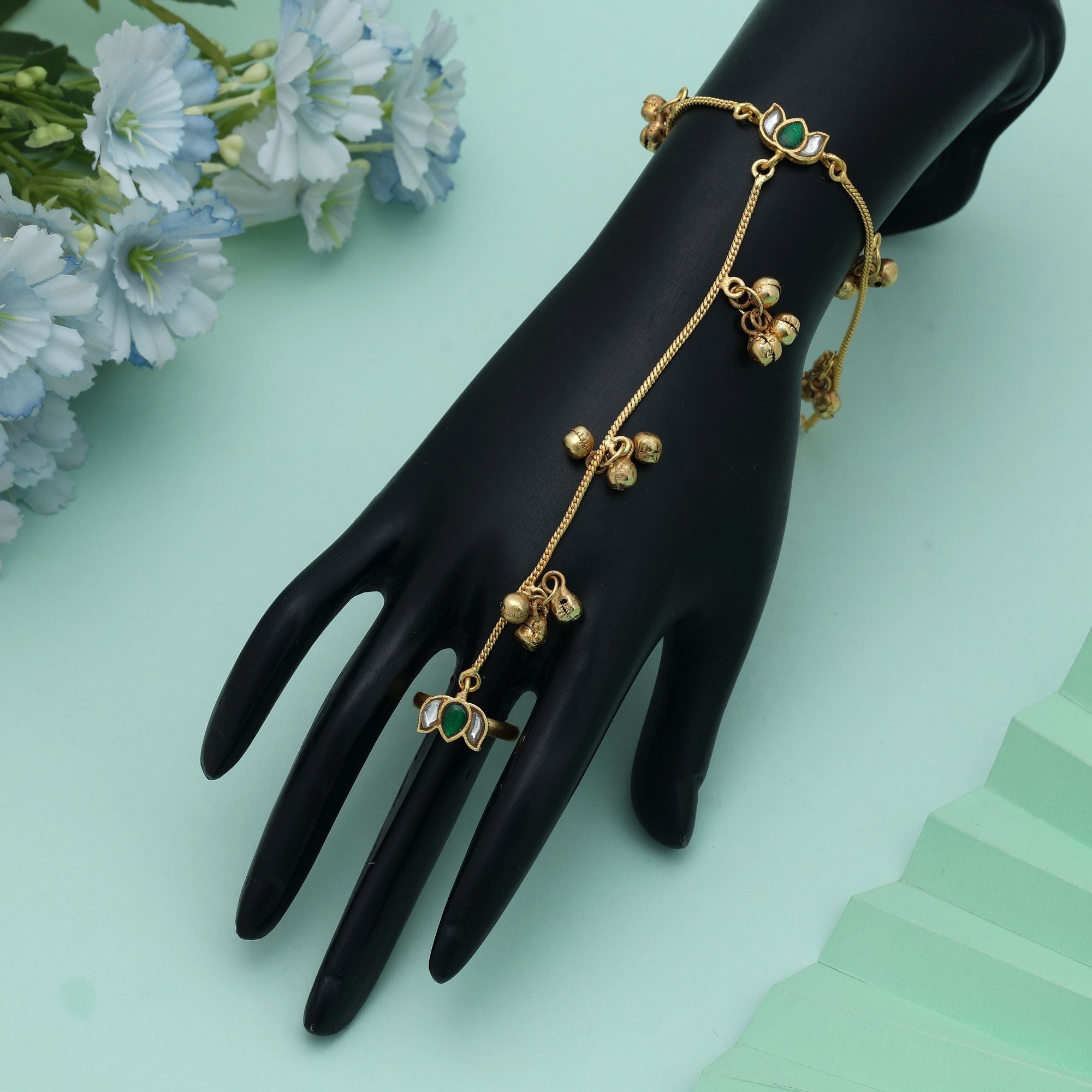 Green Color Hath Phool Traditional Wedding Hand Jewelry