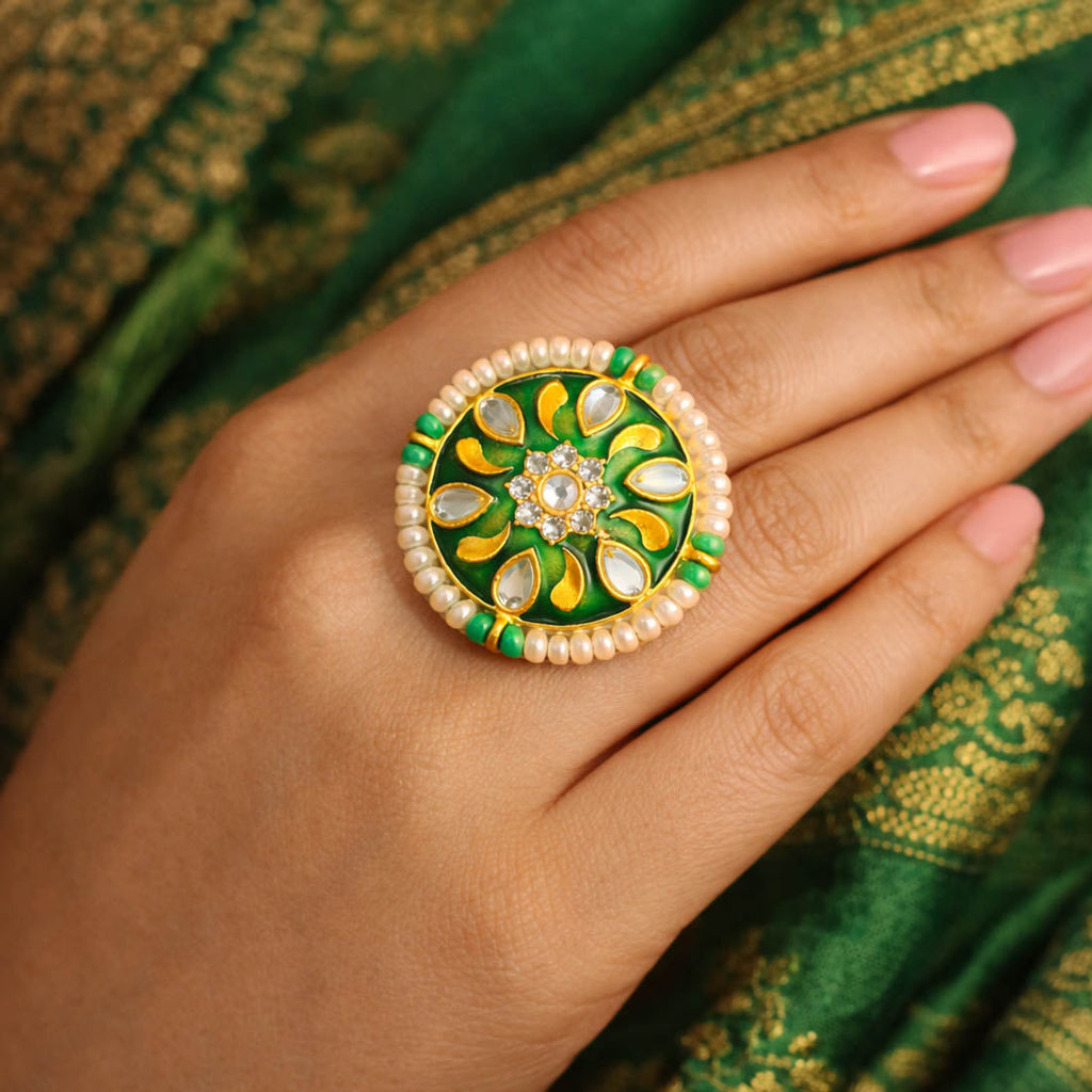 Green Color Classic Meena Work Fashion Rings