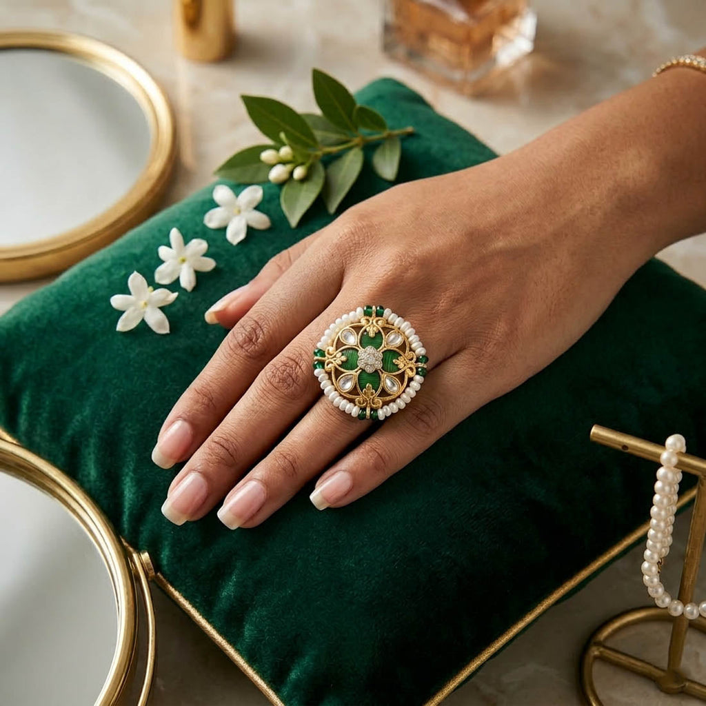 Green Color Festive Meena Work Fashion Rings