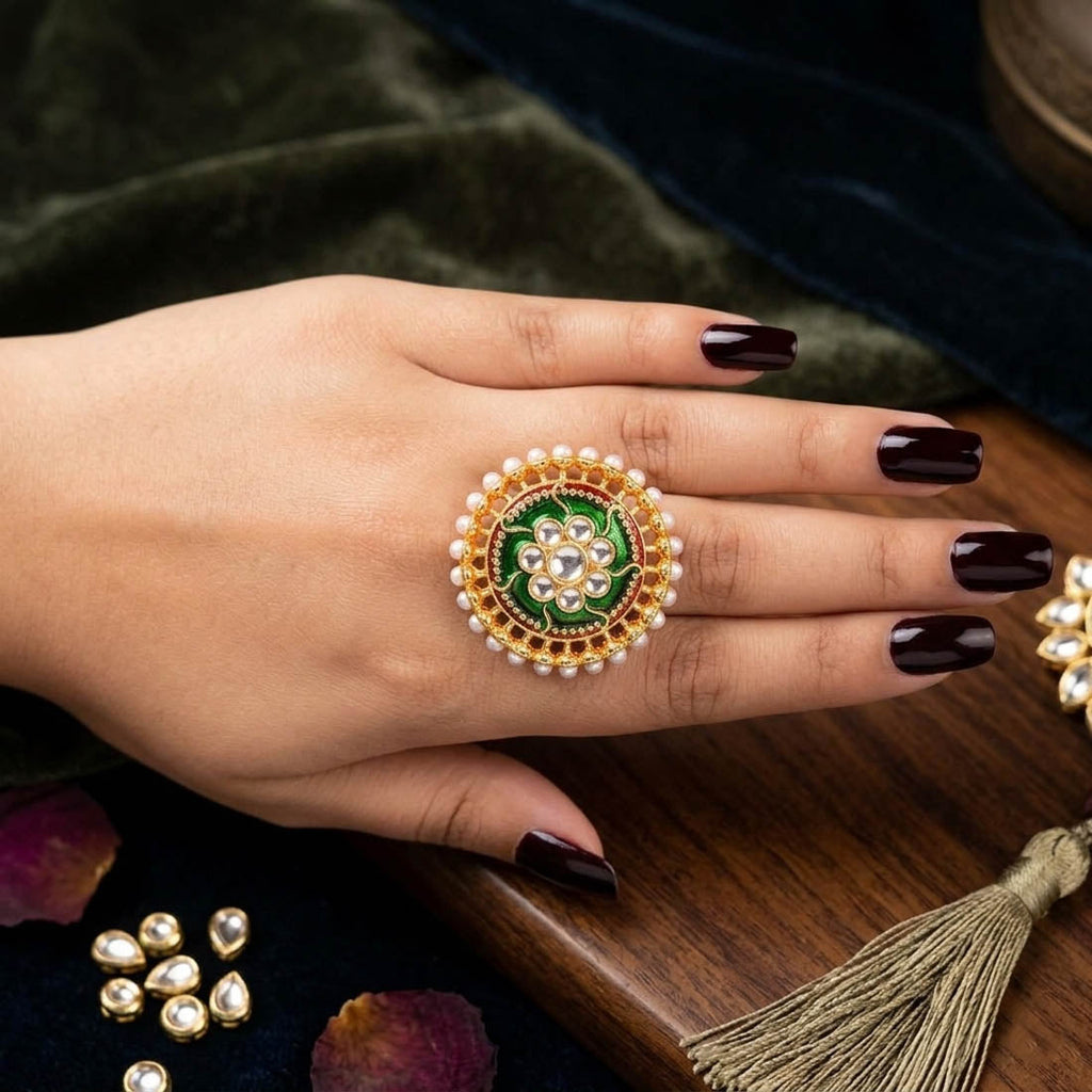 Green Color Elegant Meena Work Fashion Rings