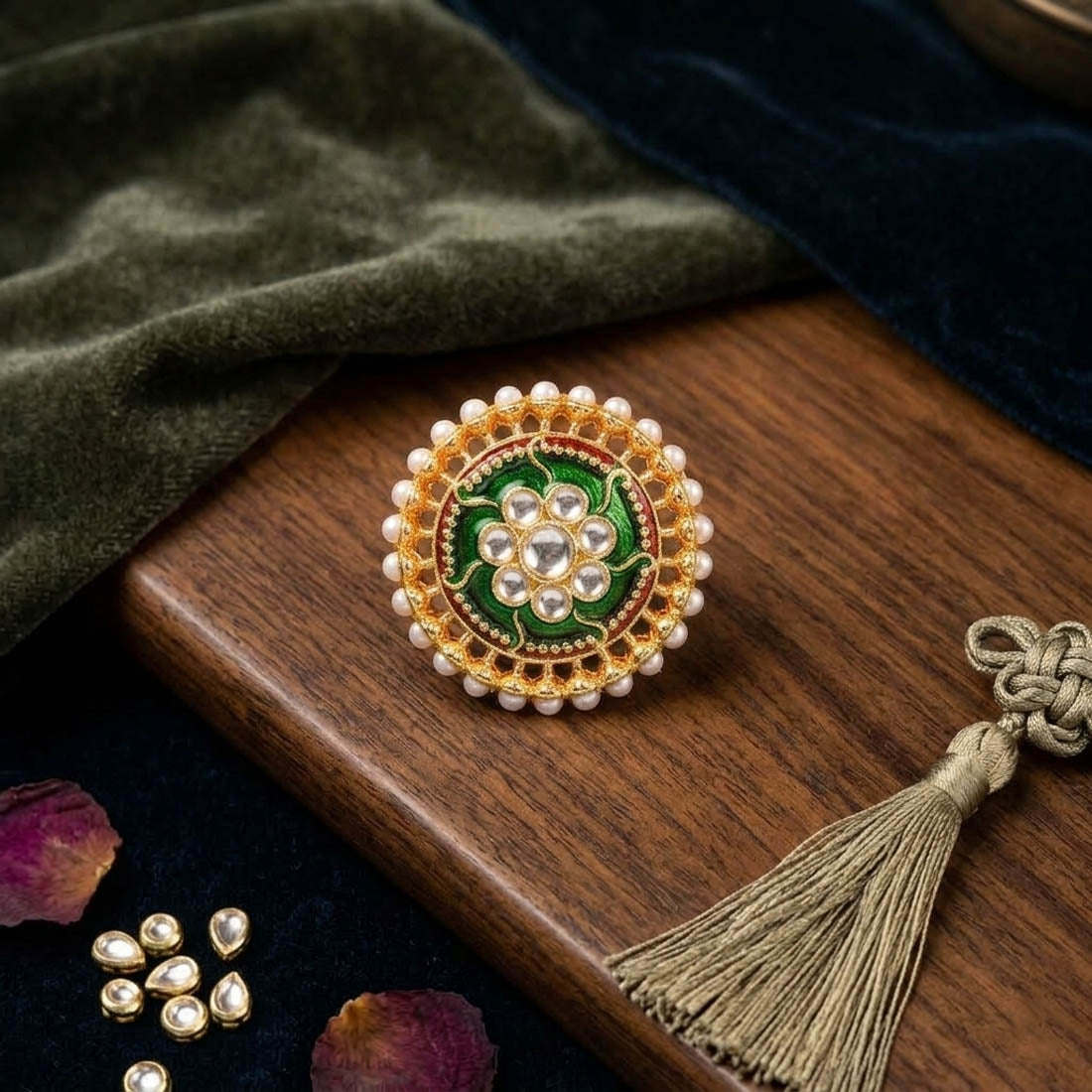 Green Color Elegant Meena Work Fashion Rings