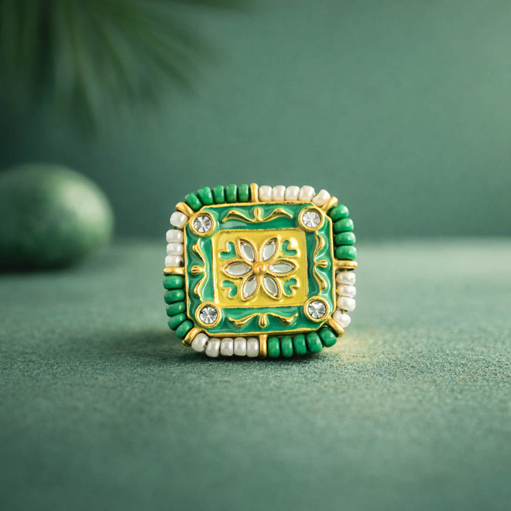 Green Color Stylish Meena Work Fashion Rings