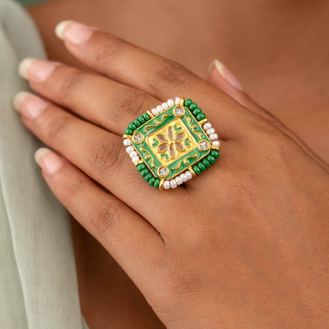 Green Color Stylish Meena Work Fashion Rings