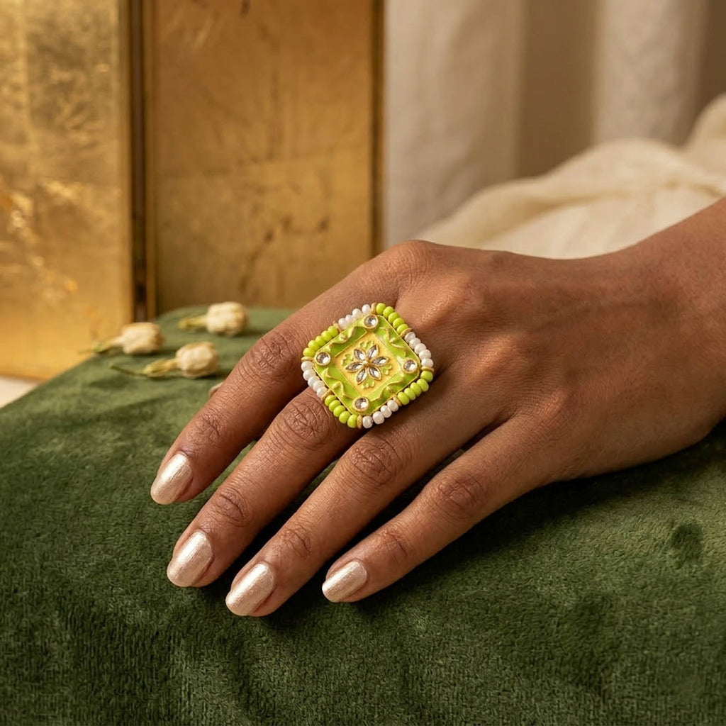 Pista Green Color Meena Work Fashion Rings
