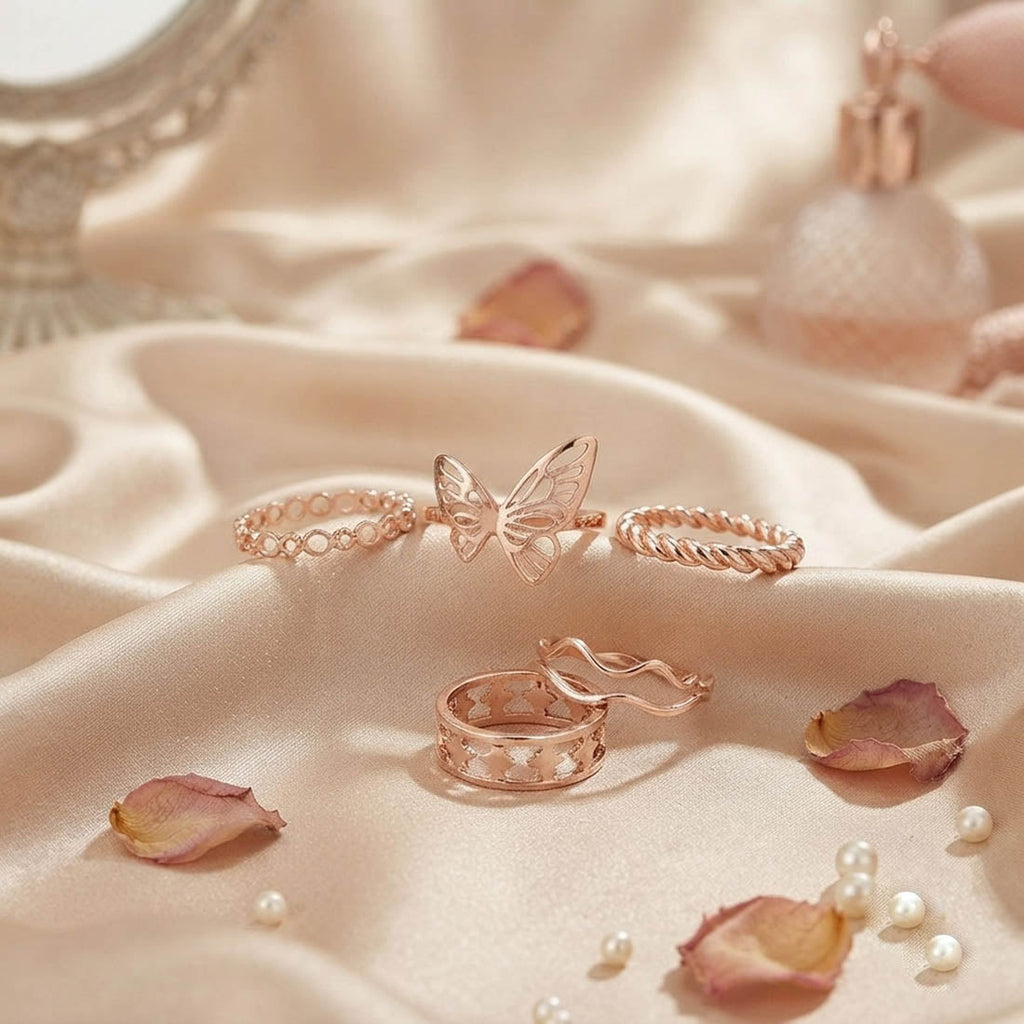 Gold Color Assorted Design Fashion Rings Combo Of 5 Pieces with Premium Trendy Jewelry Collection