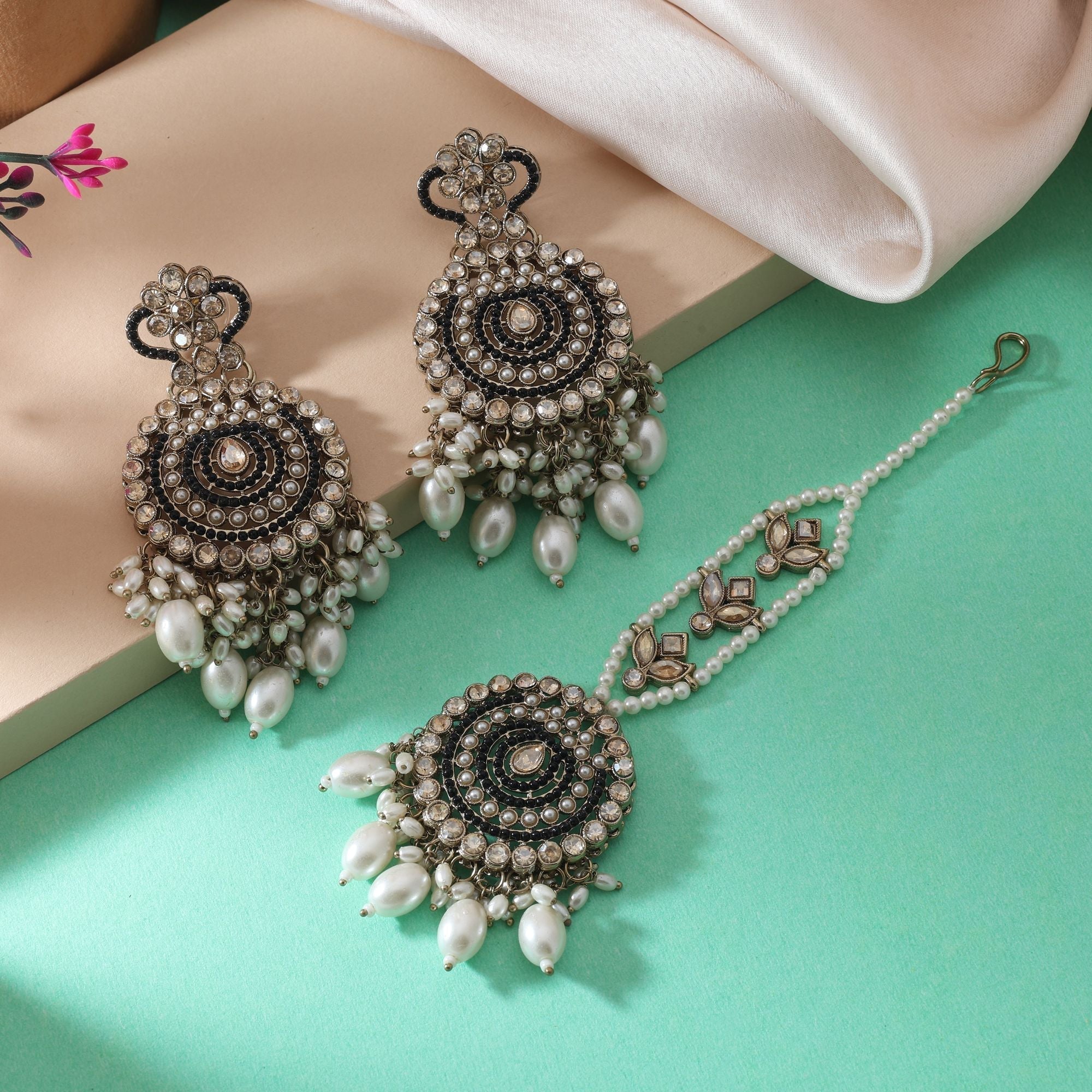 Classy Black Color Kundan Earrings Tikka Set For Party And Festive Wear