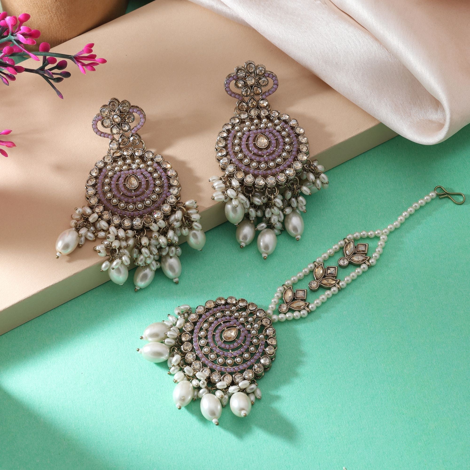 Designer Light Purple Color Kundan Earrings Tikka Set For Ethnic Celebrations