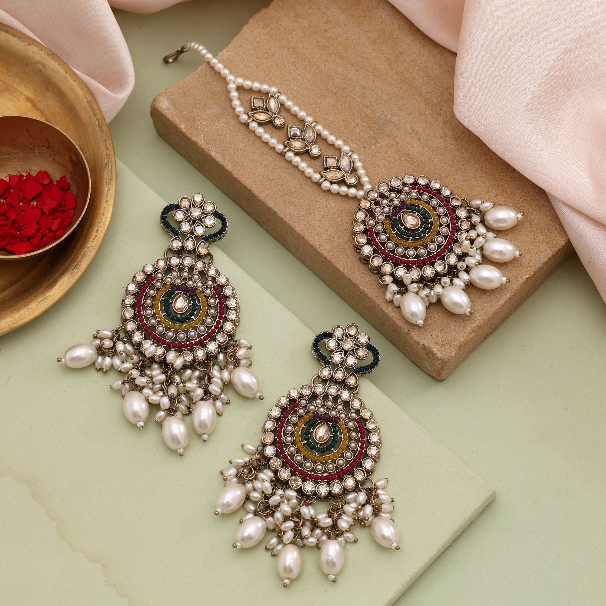Multi Color Kundan Earrings Tikka Set With Artistic Detailing For Stylish Women