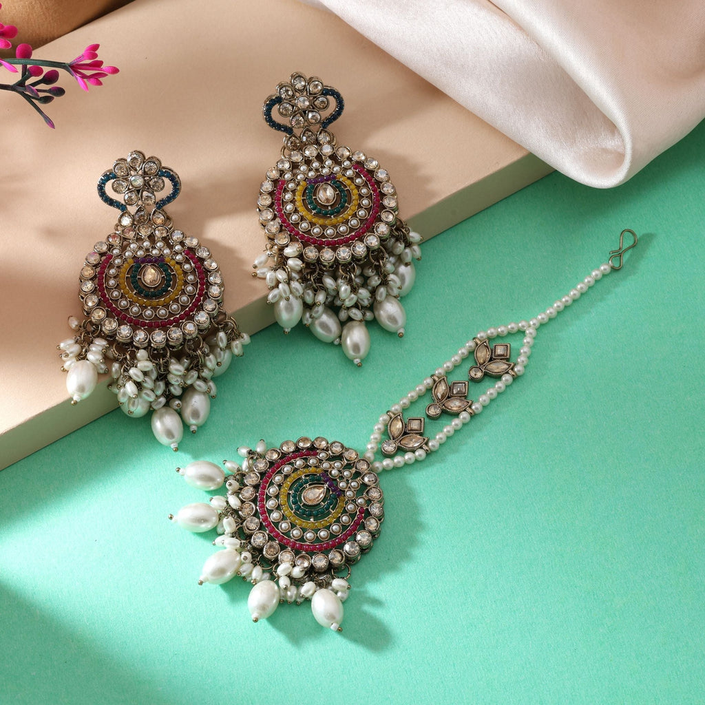 Multi Color Kundan Earrings Tikka Set With Artistic Detailing For Stylish Women