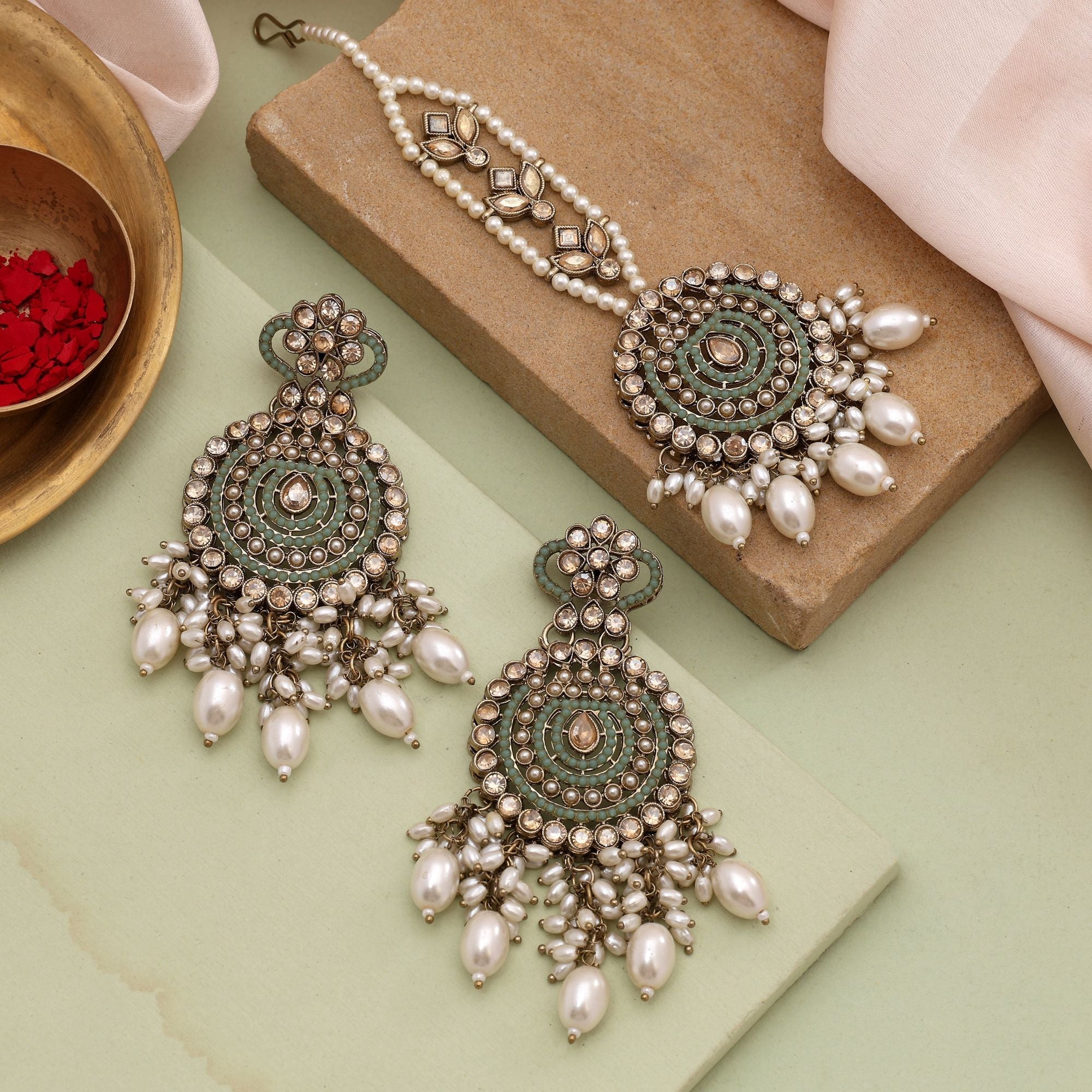 Stylish Pista Green Color Kundan Earrings Tikka Set With Graceful Design