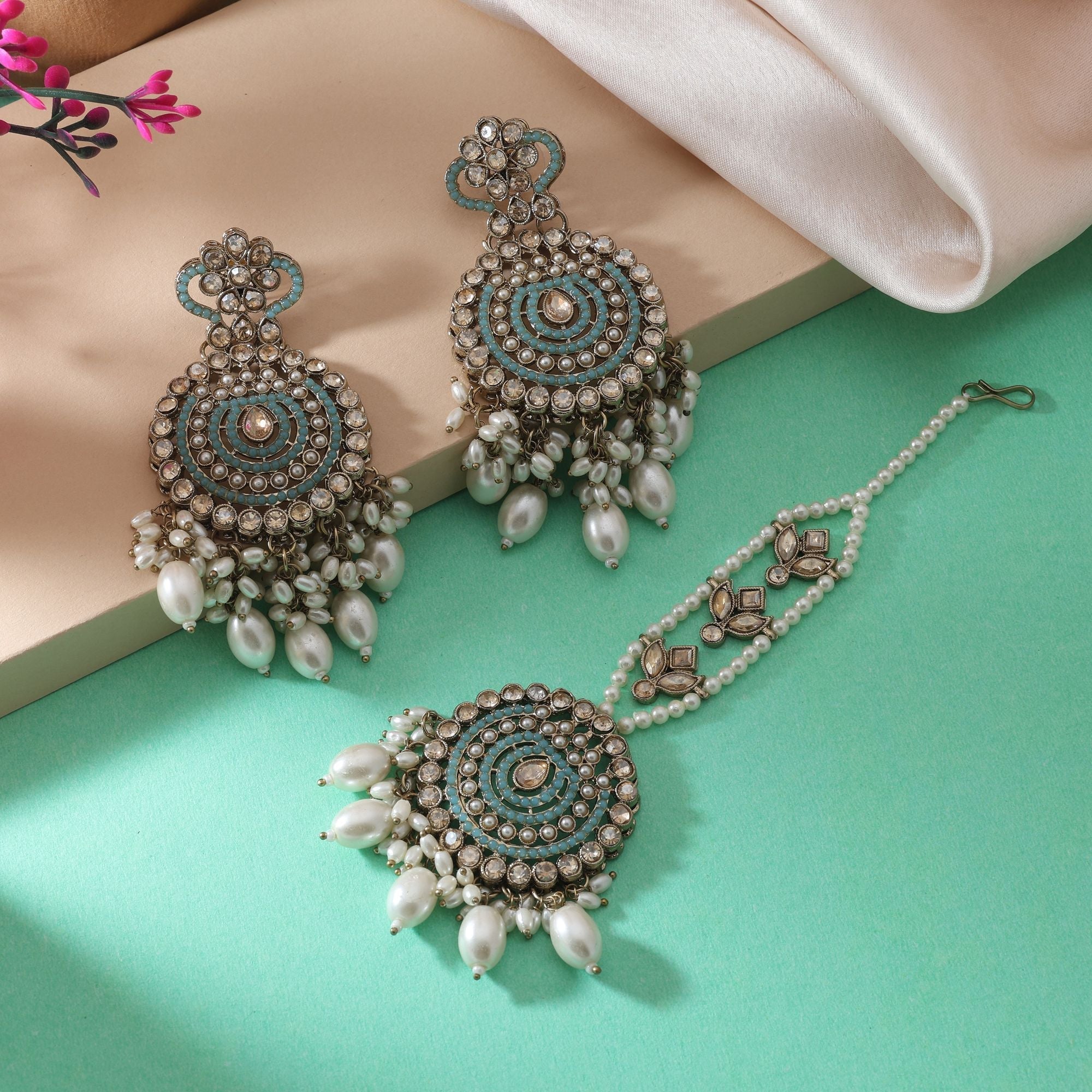 Stylish Pista Green Color Kundan Earrings Tikka Set With Graceful Design