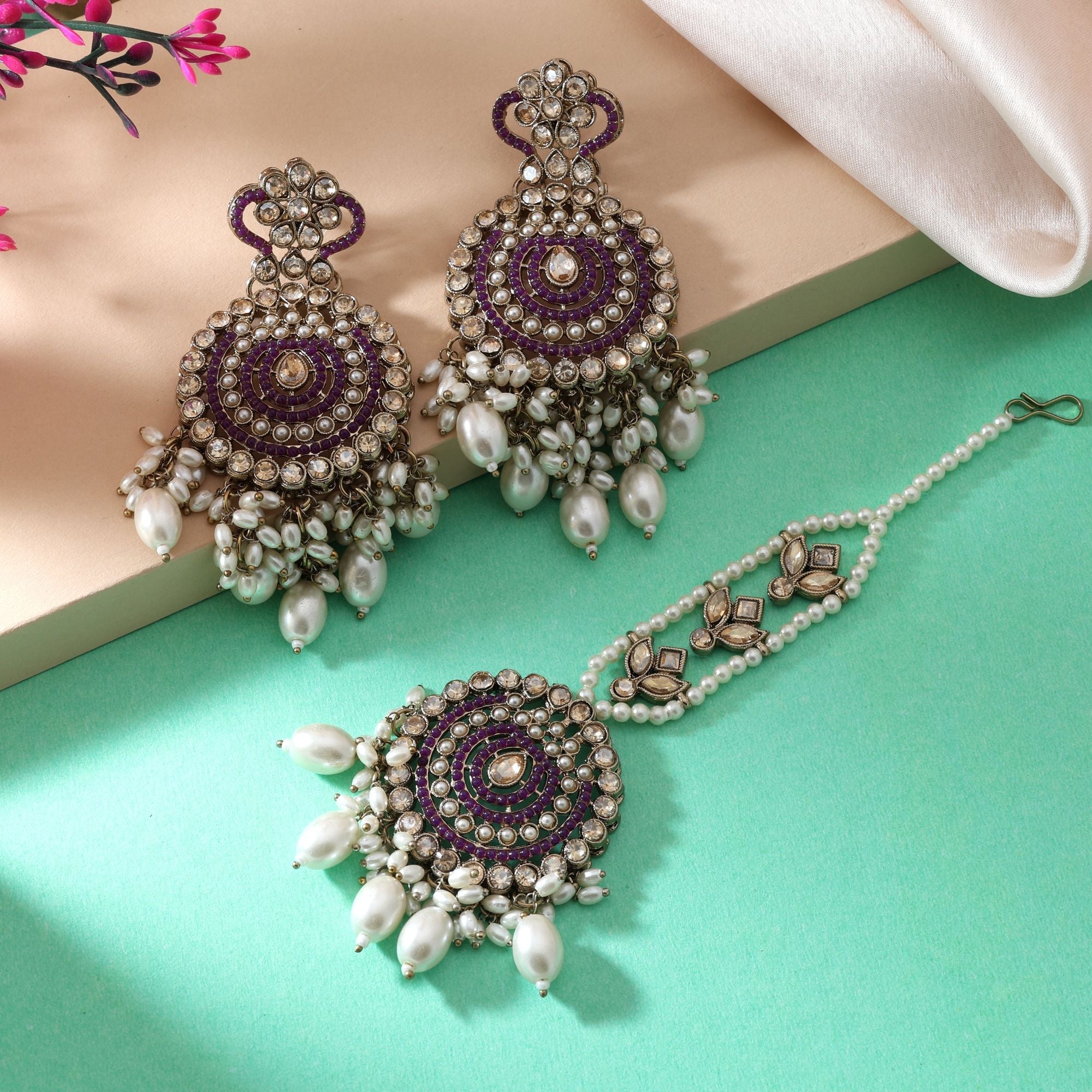 Royal Purple Color Kundan Earrings Tikka Set Ideal For Party And Festive Look