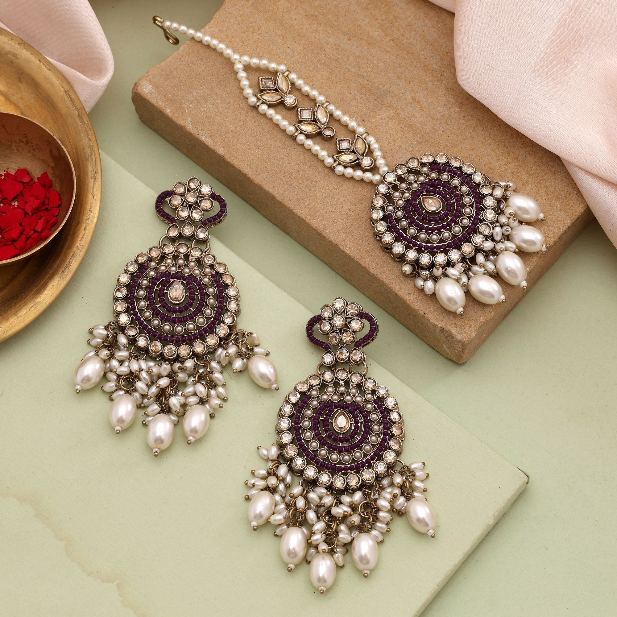 Royal Purple Color Kundan Earrings Tikka Set Ideal For Party And Festive Look