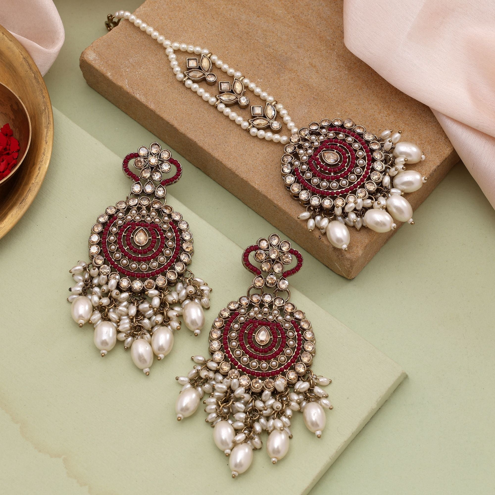 Traditional Rani Color Kundan Earrings Tikka Set Perfect For Bridal Occasions