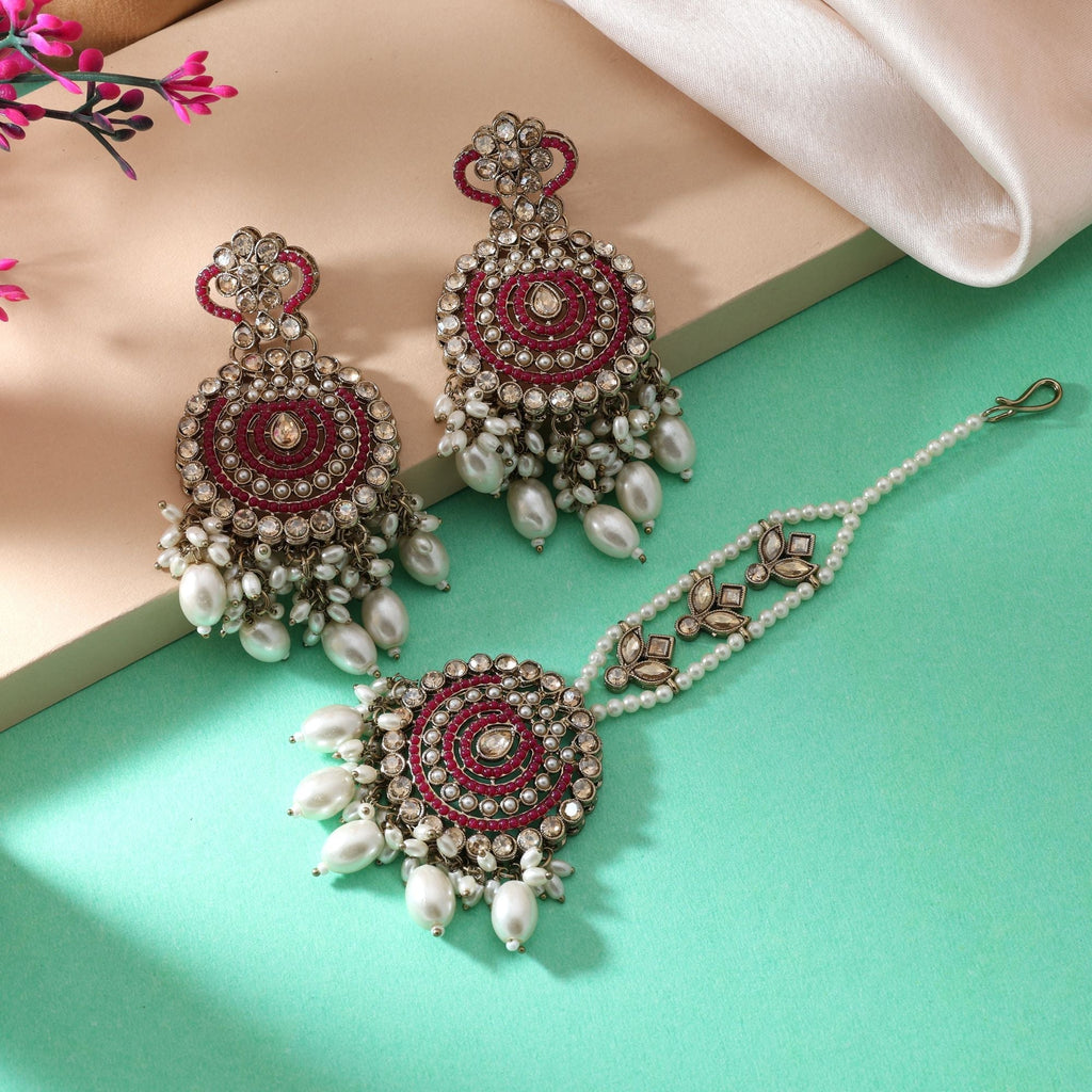 Traditional Rani Color Kundan Earrings Tikka Set Perfect For Bridal Occasions
