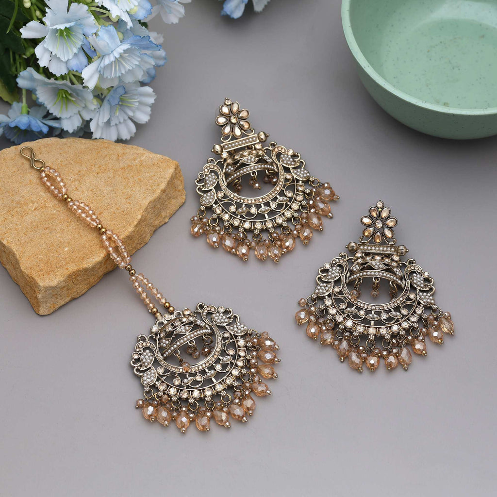 Gold Color Kundan Earrings Tikka Set With Beautiful Traditional Bridal Inspired Design