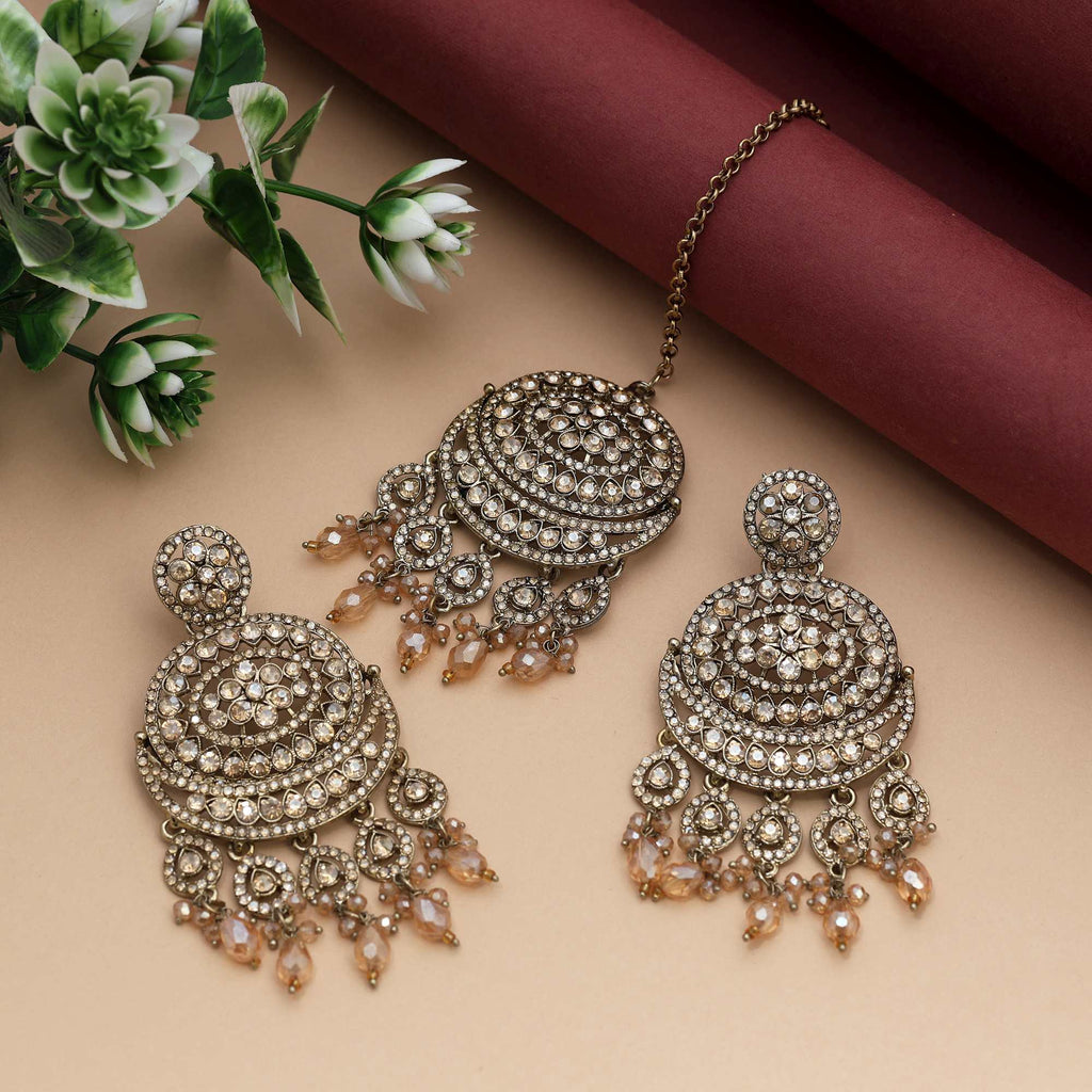Gold Color Kundan Earrings Tikka Set Crafted With Premium Bridal Style Kundan Detailing