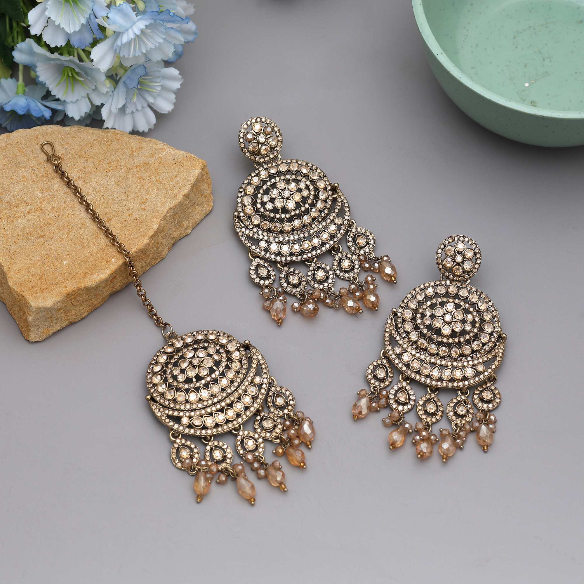 Gold Color Kundan Earrings Tikka Set Crafted With Premium Bridal Style Kundan Detailing