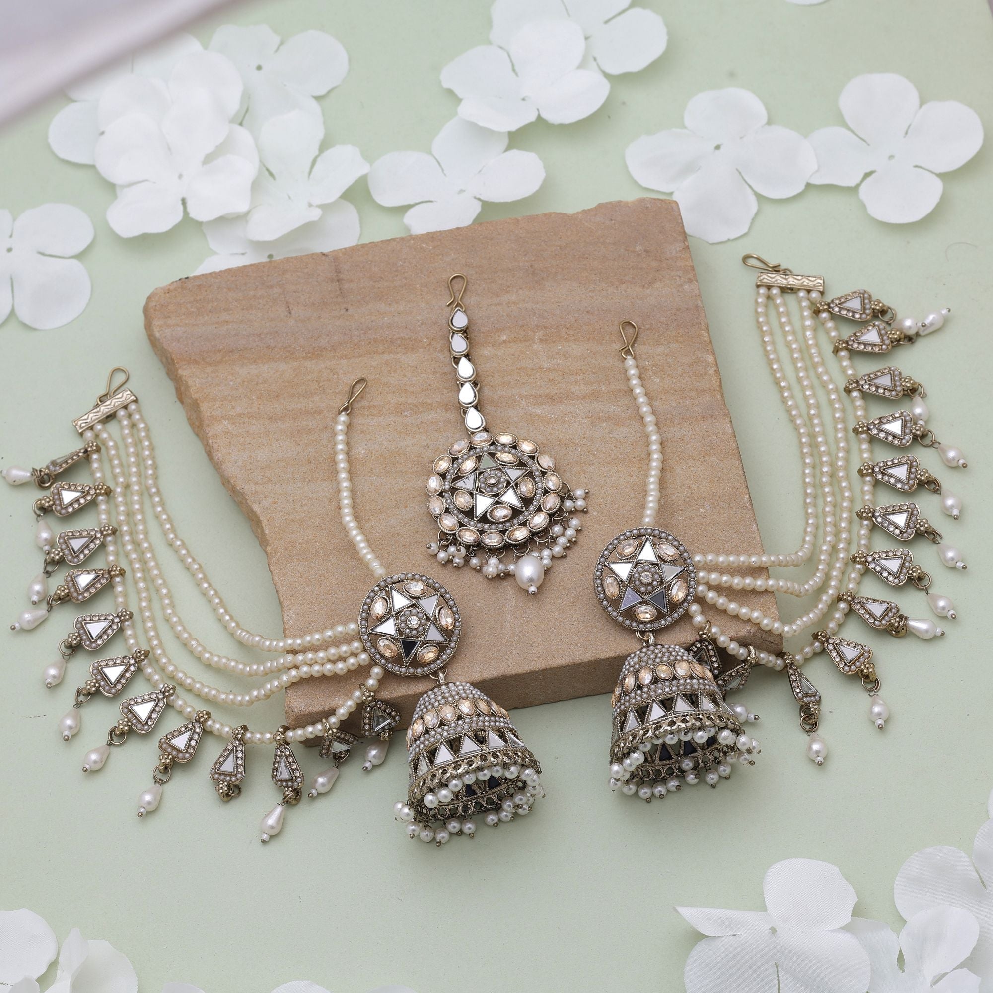 Gold Color Kundan Earrings Tikka Set – Festive Wear