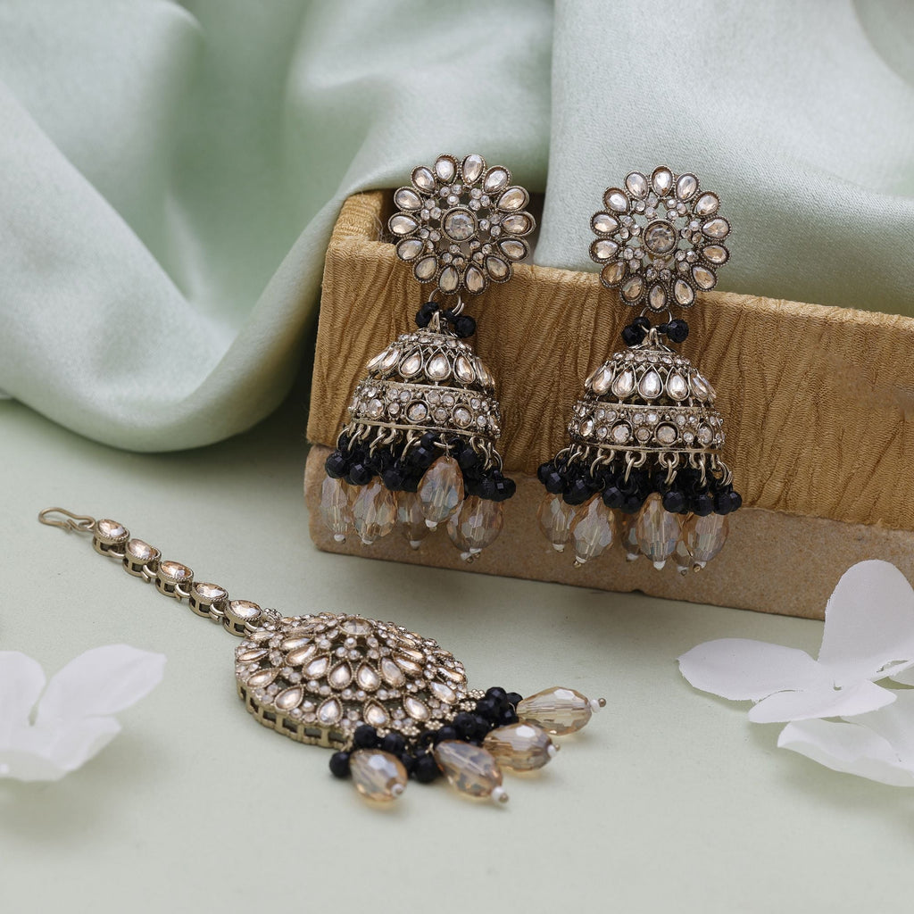 Black Color Kundan Earrings Tikka Set – Bold Ethnic