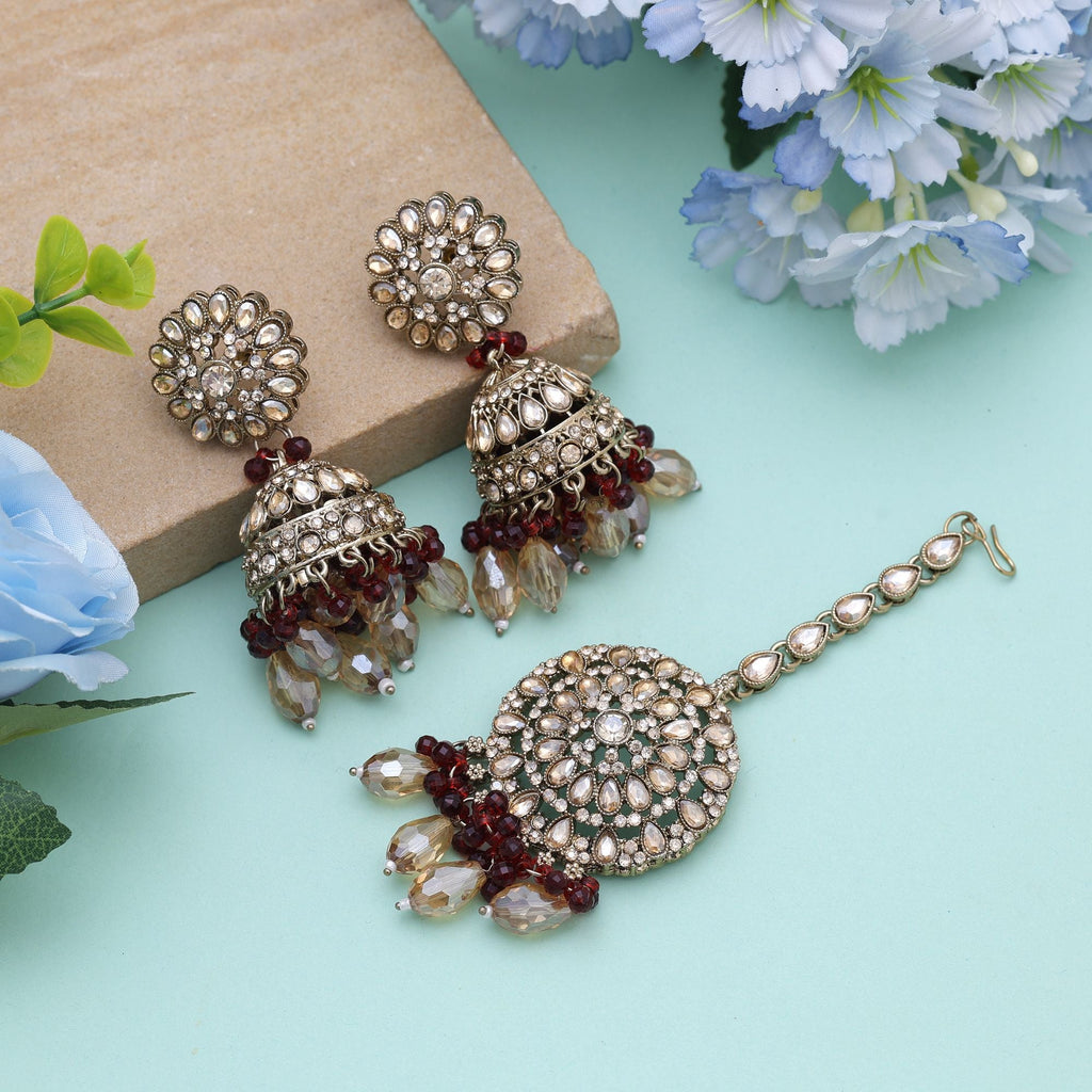 Maroon Color Kundan Earrings Tikka Set – Traditional Design