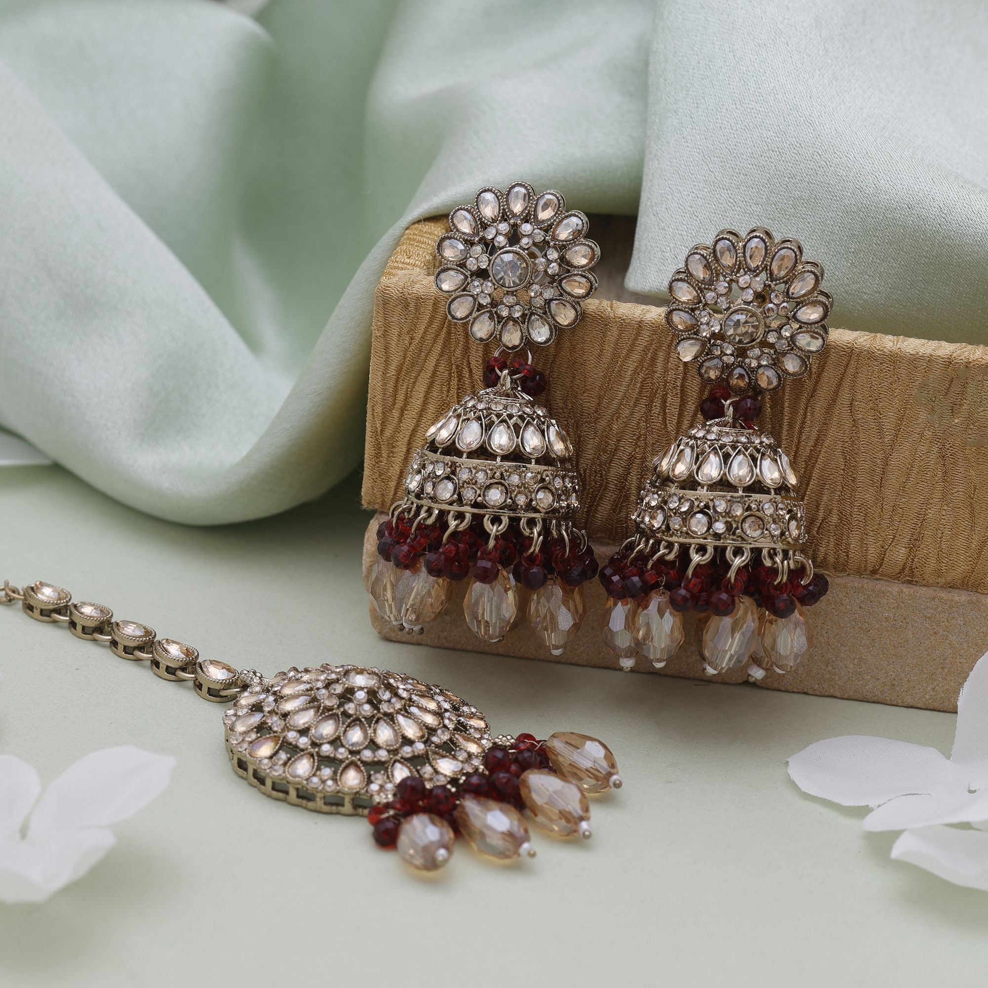 Maroon Color Kundan Earrings Tikka Set – Traditional Design