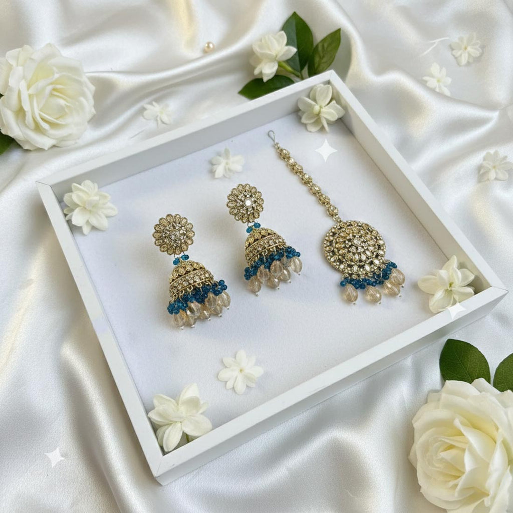 Turquoise Blue Color Kundan Earrings Tikka Set – Festive Style