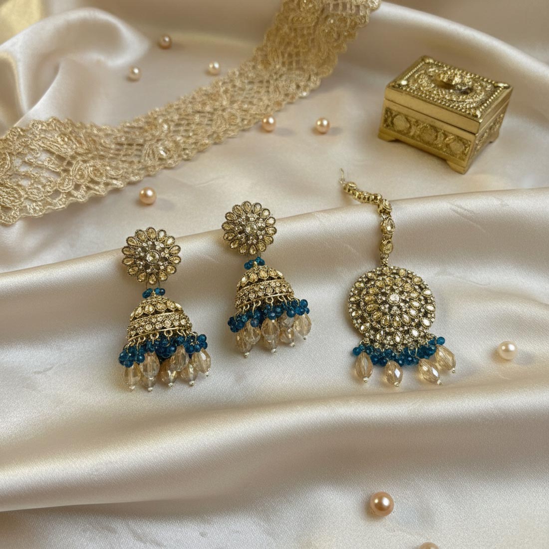 Turquoise Blue Color Kundan Earrings Tikka Set – Festive Style