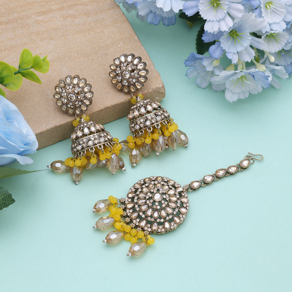 Yellow Color Kundan Earrings Tikka Set – Festive Look