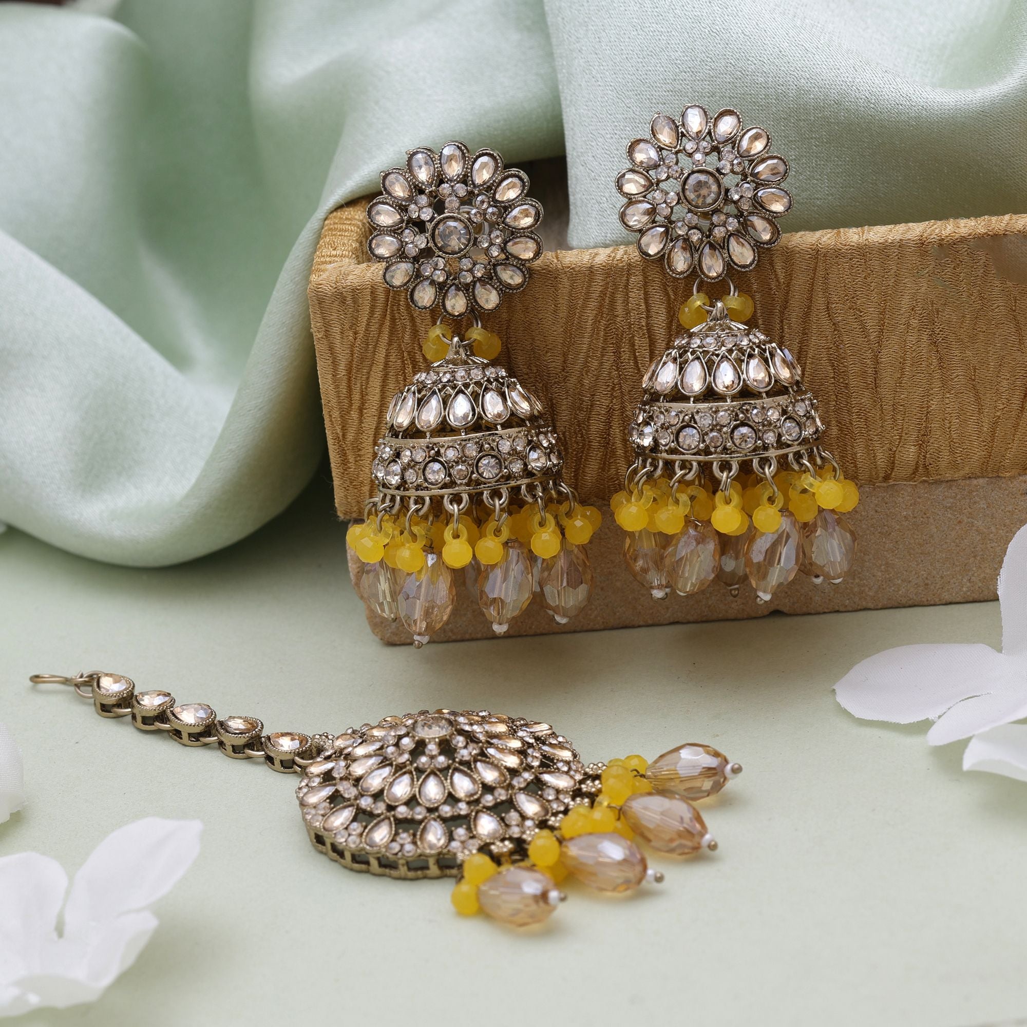 Yellow Color Kundan Earrings Tikka Set – Festive Look