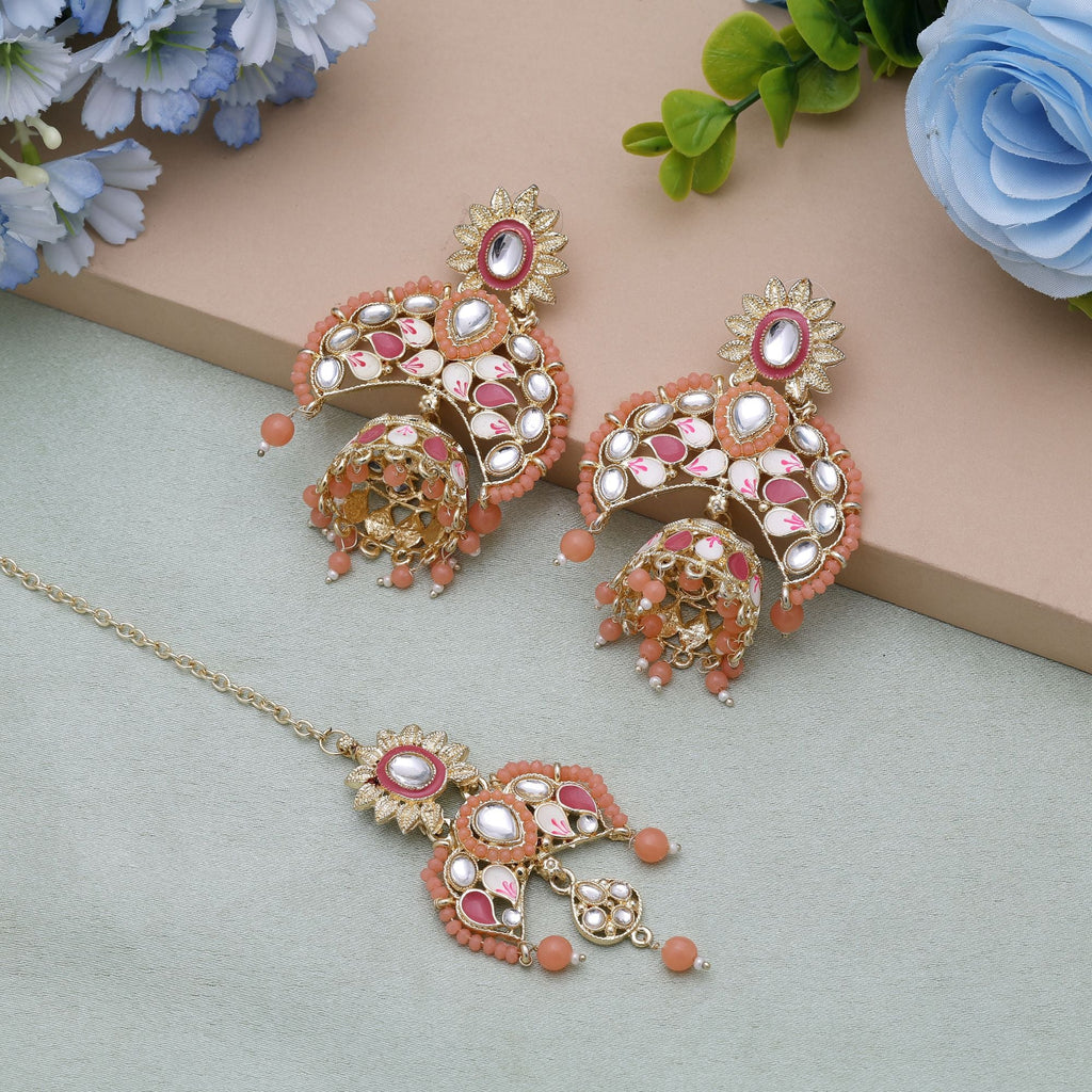 Dark Peach Color Meena Work Kundan Earrings Tikka Set