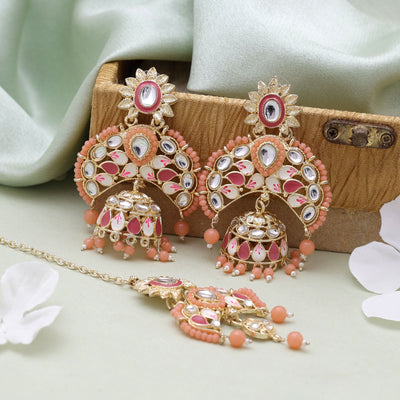 Dark Peach Color Meena Work Kundan Earrings Tikka Set