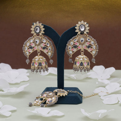 Grey Color Meena Work Kundan Earrings Tikka Set
