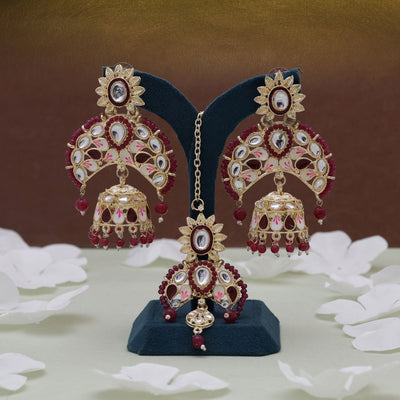 Maroon Color Meena Work Kundan Earrings Tikka Set