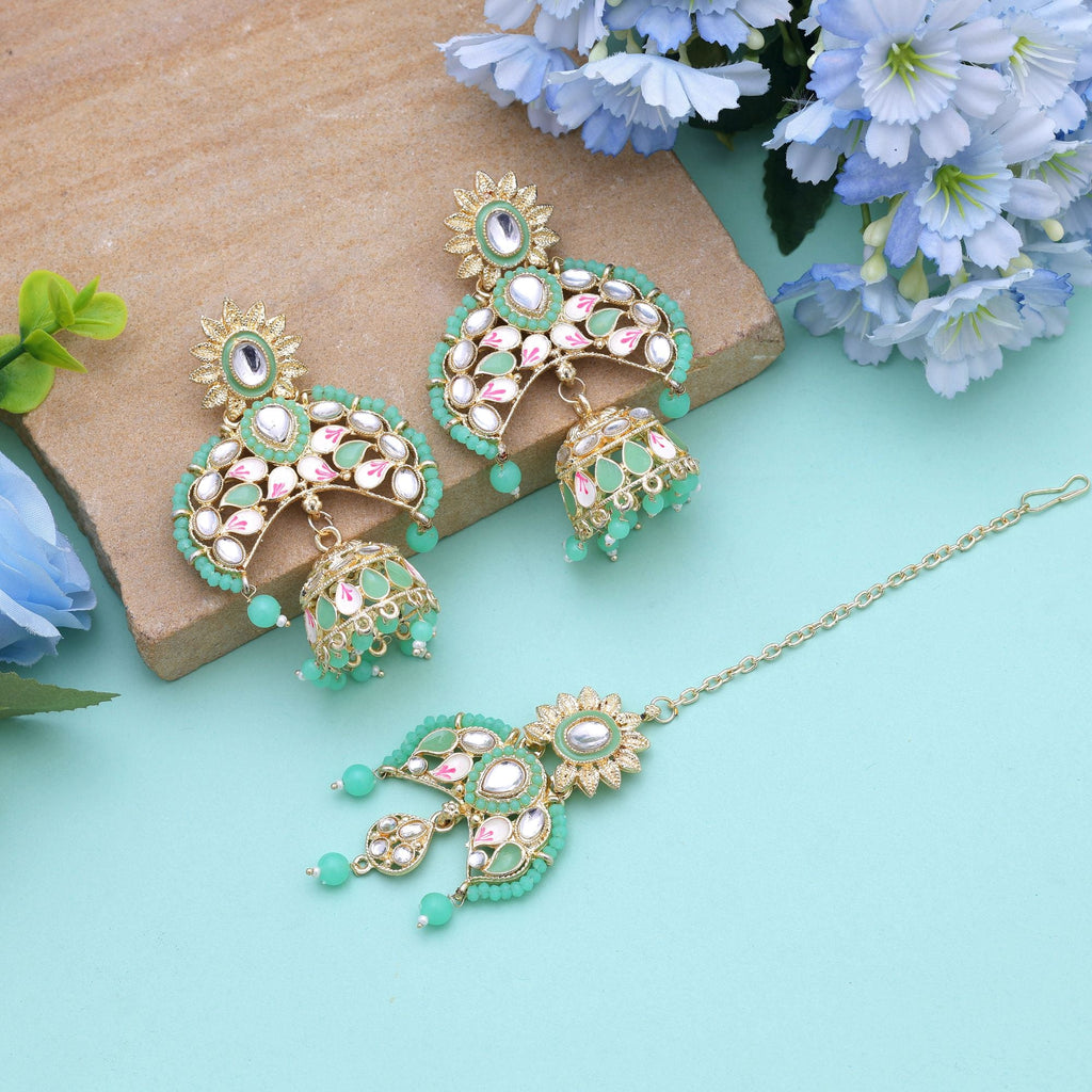Parrot Green Color Meena Work Kundan Earrings Tikka Set