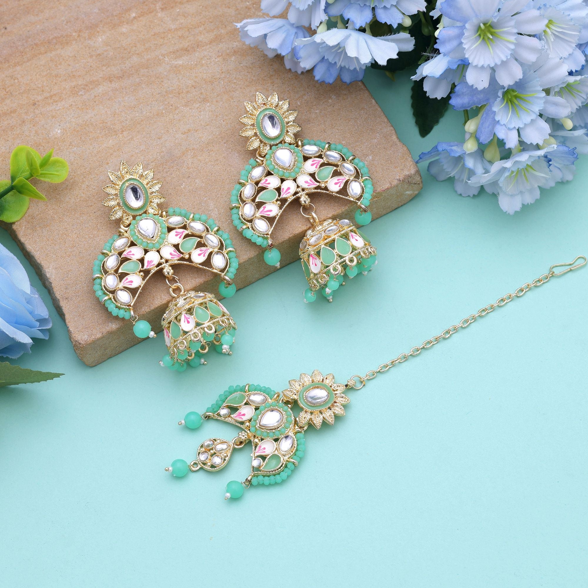 Parrot Green Color Meena Work Kundan Earrings Tikka Set