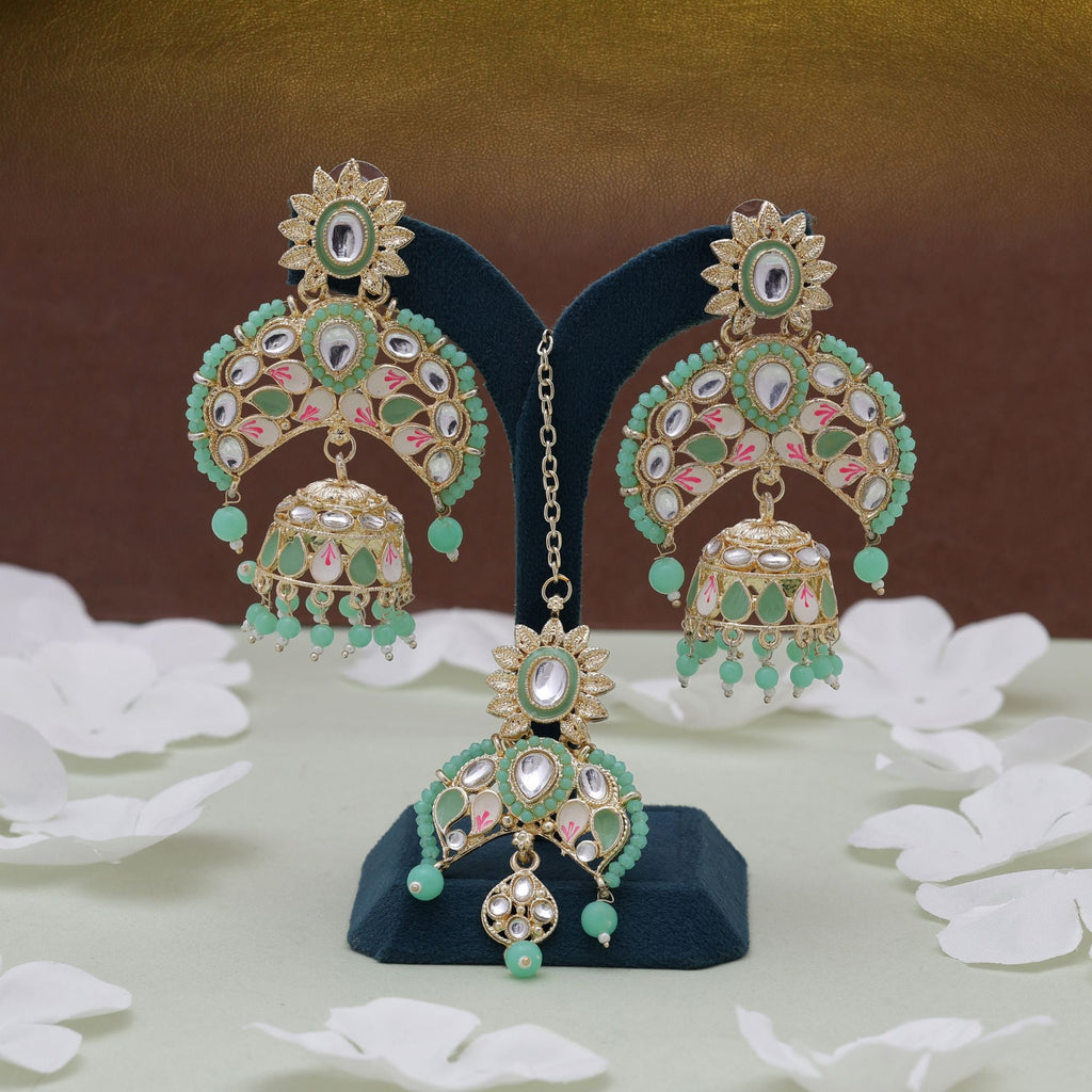 Parrot Green Color Meena Work Kundan Earrings Tikka Set
