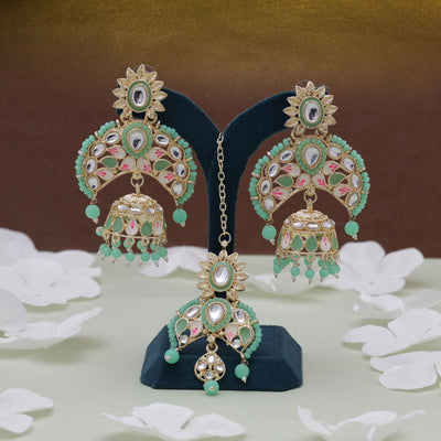 Parrot Green Color Meena Work Kundan Earrings Tikka Set