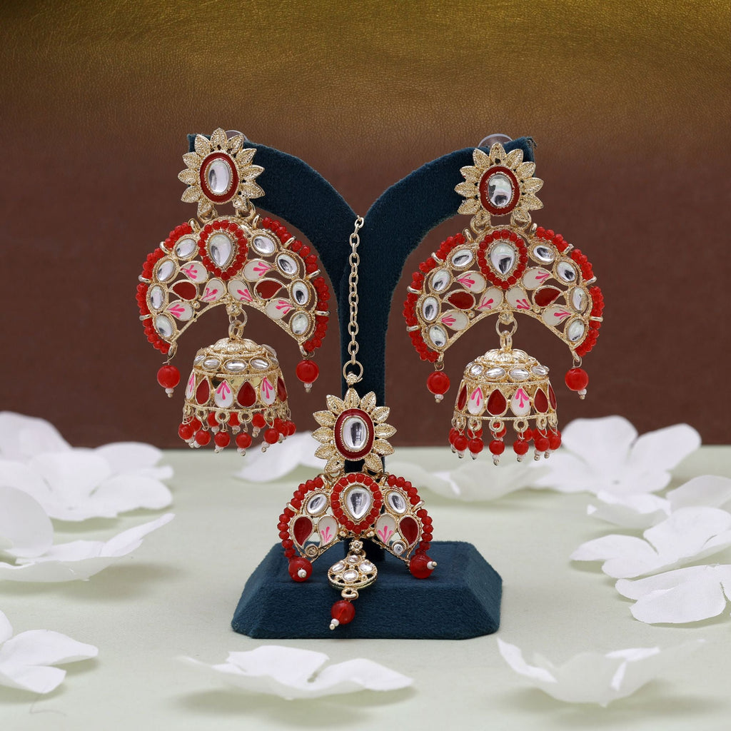 Red Color Meena Work Kundan Earrings Tikka Set
