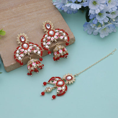 Red Color Meena Work Kundan Earrings Tikka Set