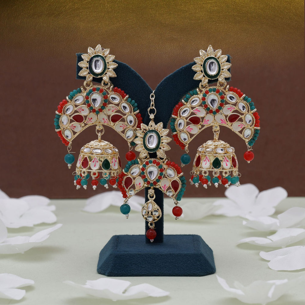 Red & Green Color Meena Work Kundan Earrings Tikka Set