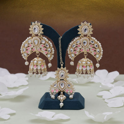 White Color Meena Work Kundan Earrings Tikka Set