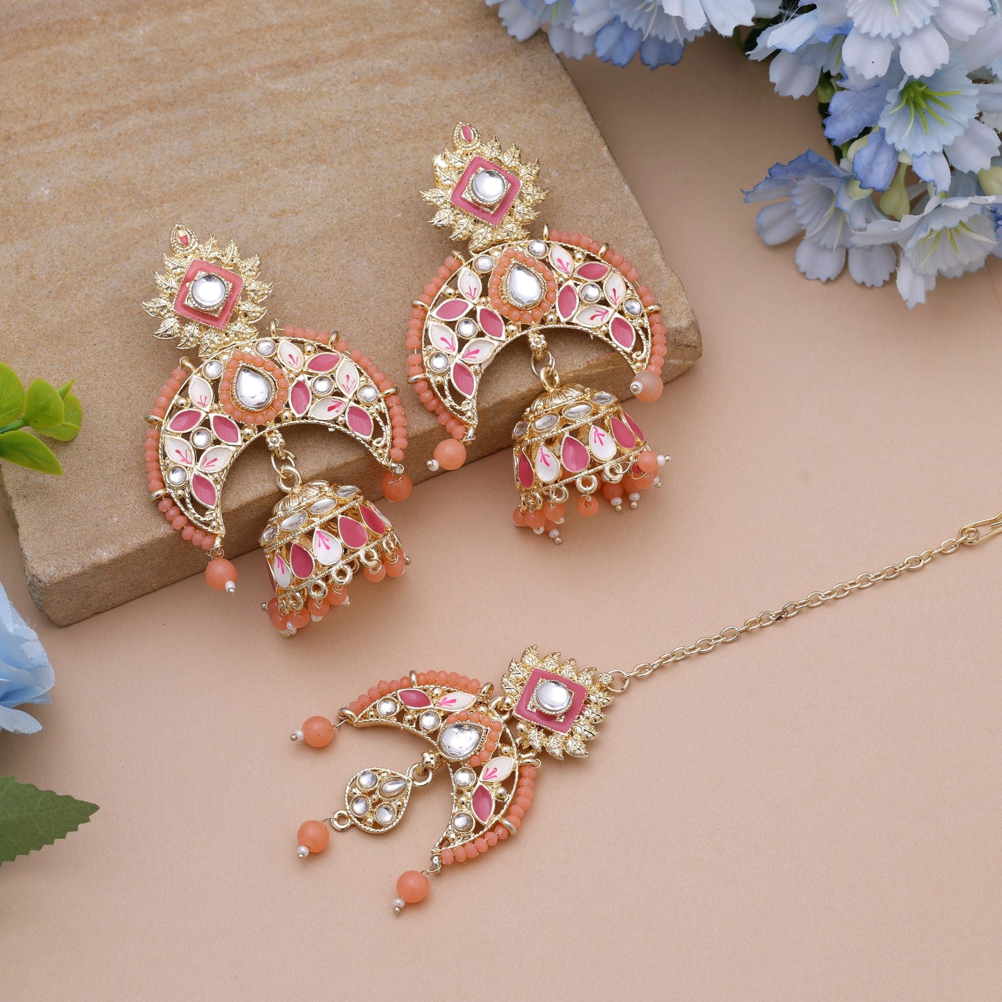 Dark Peach Color Meena Work Kundan Earrings Tikka Set