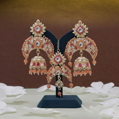 Dark Peach Color Meena Work Kundan Earrings Tikka Set