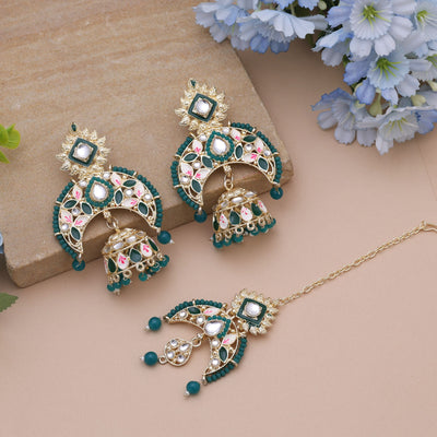 Green Color Meena Work Kundan Earrings Tikka Set