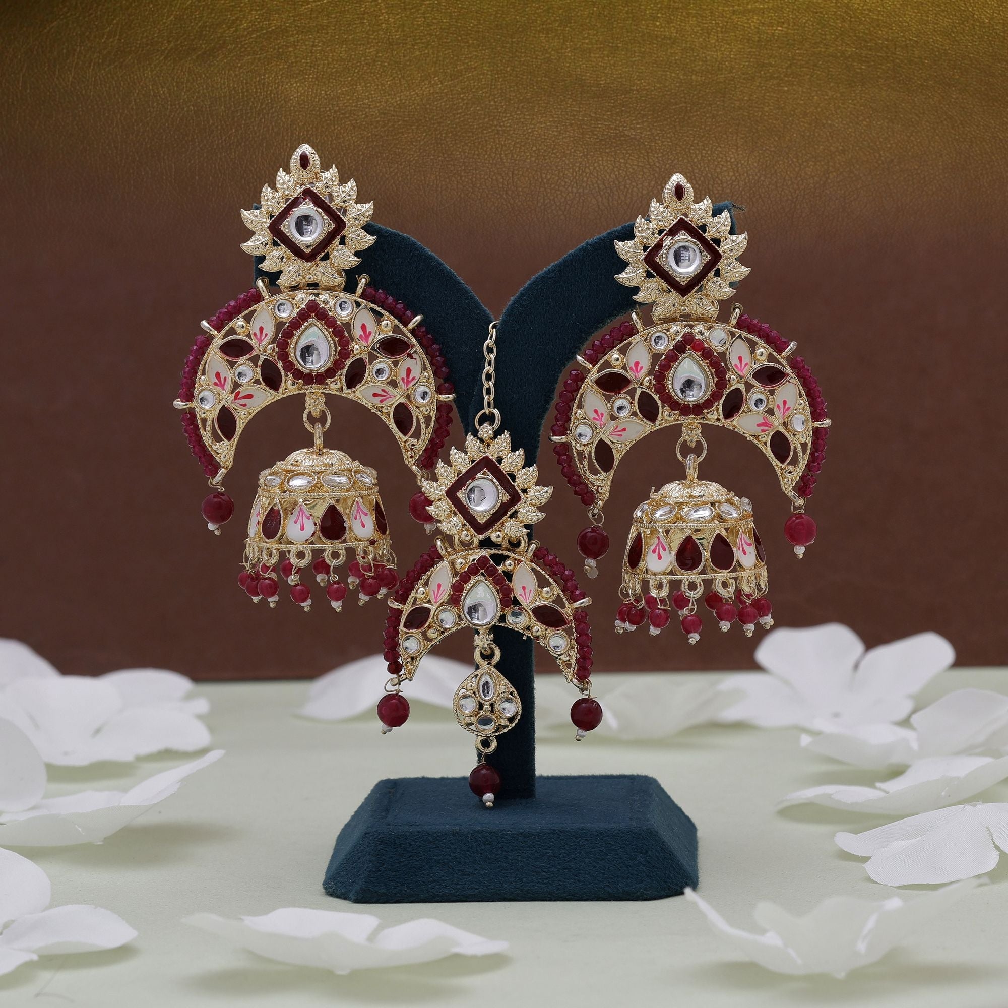 Maroon Color Meena Work Kundan Earrings Tikka Set